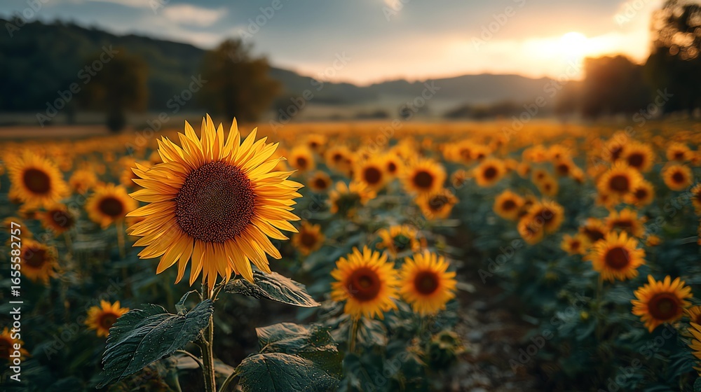 Fototapeta premium Bright sunflower stands tall in golden field.