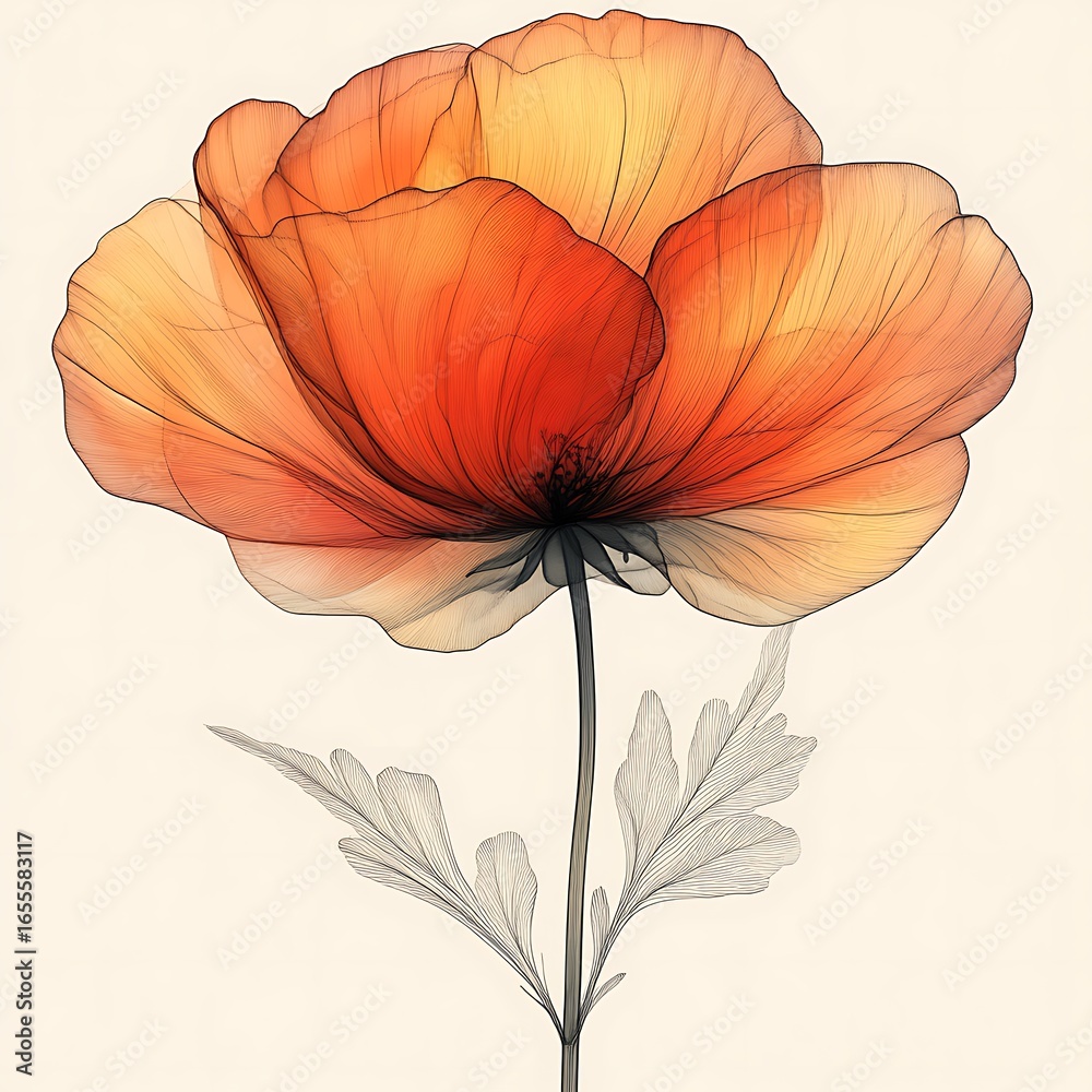 Fototapeta premium Delicate, translucent poppy flower illustration.