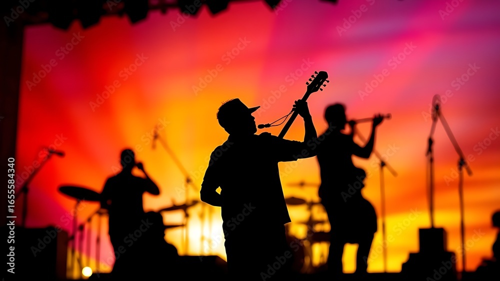 Fototapeta premium Artistic composition of musical instrument silhouettes against a vibrant sunset-colored backdrop.