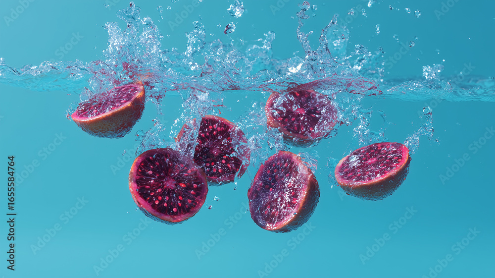 Fototapeta premium Fig slices splashing in blue water