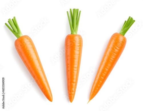 Three fresh, vibrant orange carrots, with green tops, arranged against a stark white background