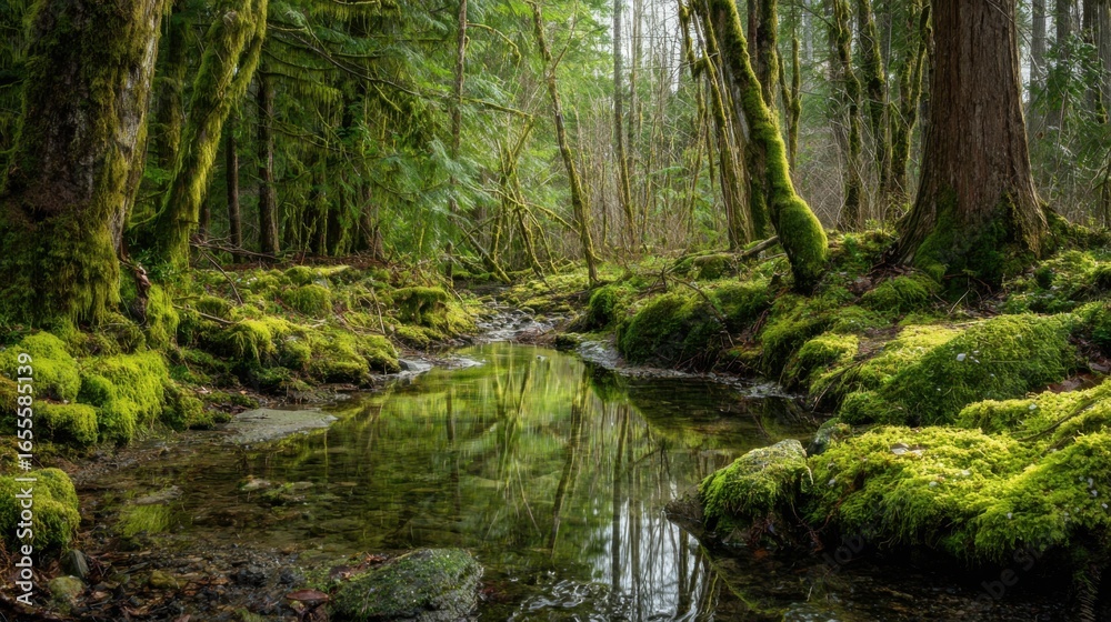Fototapeta A forest with a stream running through it. The water is clear and the moss is green