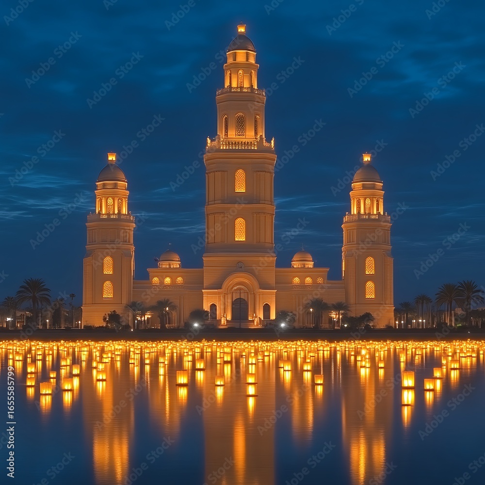 Naklejka premium Illuminated building complex at twilight reflecting in water.
