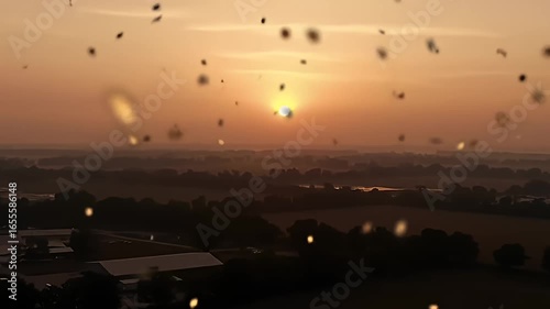 Hazy sunset over rural landscape with trees, water and scattered debris