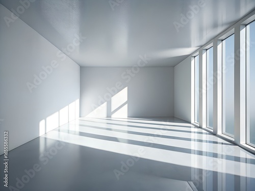 Sunlit empty modern room with large windows casting long shadows on the floor, creating a bright and clean architectural space with a minimalist aesthetic, ideal for commercial or residential design