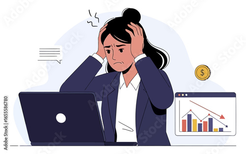 Stressed businesswoman with hands on head facing financial downturn shown on screen.