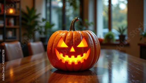 Halloween in the office with jack o lantern centerpiece on meeting table, photo realistic style clear composition high resolution