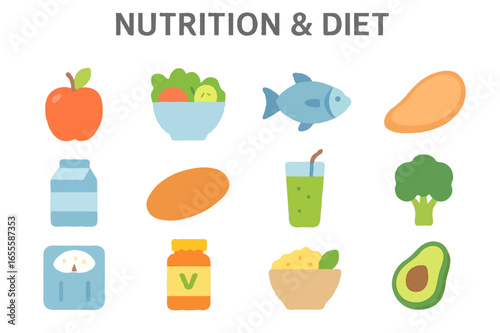 Vector Nutrition & Diet icons set | Includes apple, salad bowl, fish, chicken breast, milk carton, bread loaf, smoothie glass, broccoli, measuring scale, vitamin bottle, grain bowl, and avocado