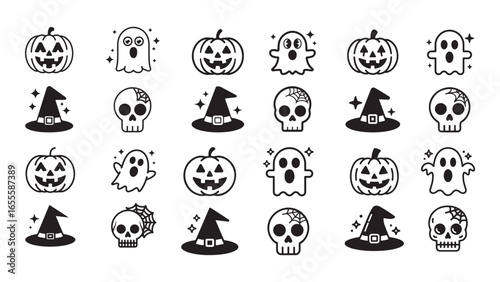 Spooky halloween night scene with haunted house and full moon, set of halloween icons, halloween icons set