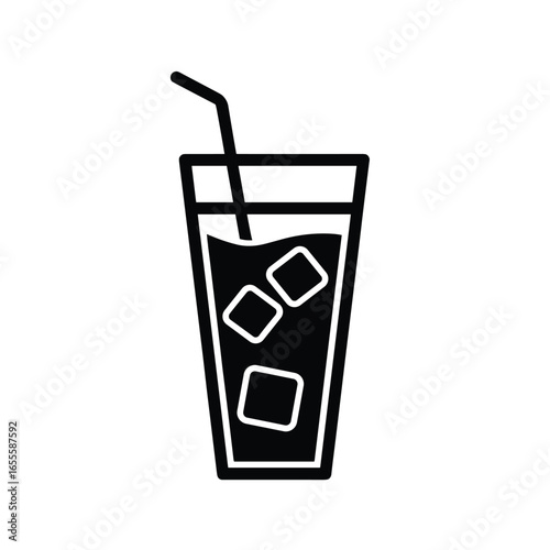 Black and white icon of a tall glass filled with dark liquid ice cubes and a straw drink beverage
