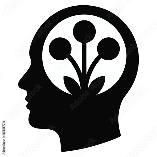 Conceptual Illustration of Human Mind with Blooming Flowers Inside Symbolic of Growth Potential and Mental Wellbeing in Black and White