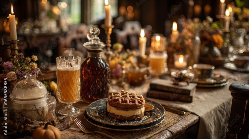 Rustic Autumnal Table Setting with Chocolate Cake Rustic Autumnal Table Setting with Chocolate Cake