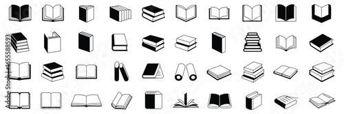 Collection of 40 Black and White Book Icons and Illustrations on White Background books reading