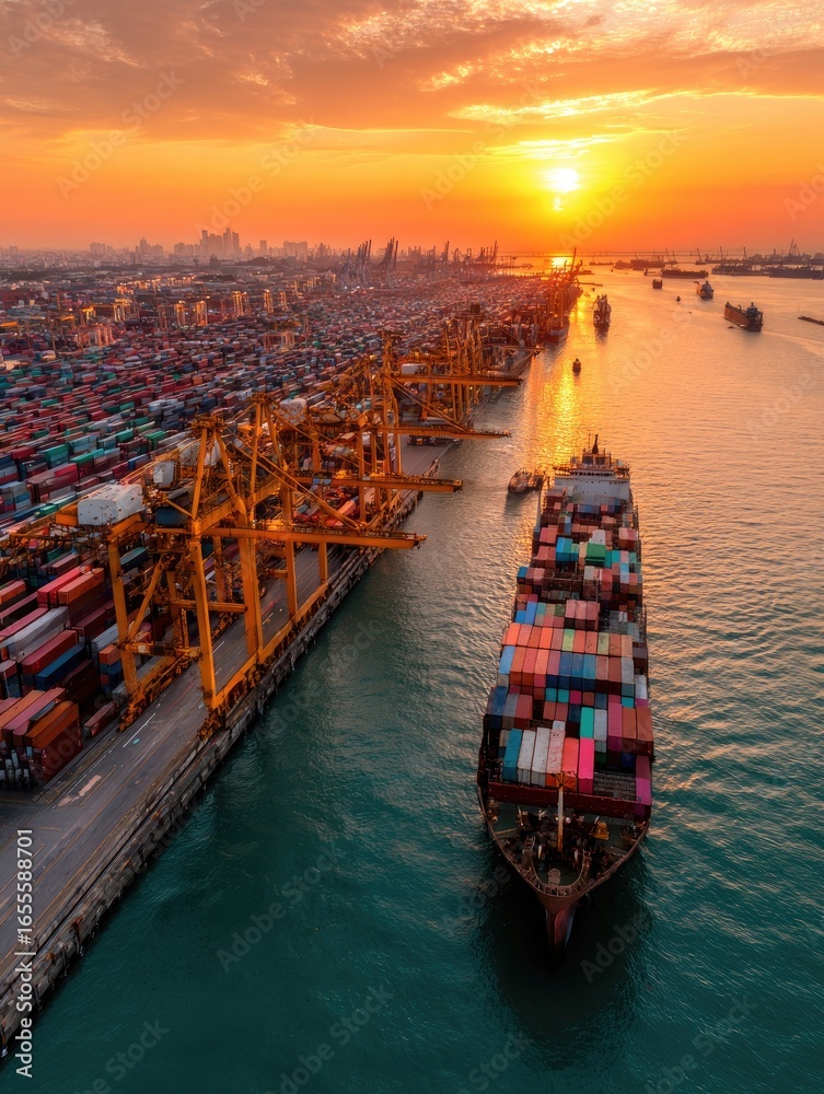 Fototapeta premium Aerial view of a container ship navigating a port at sunset. Shipping cranes and cargo containers line the docks