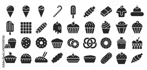 Collection of 40 black and white icons representing various sweets and desserts ice cream cone popsicle