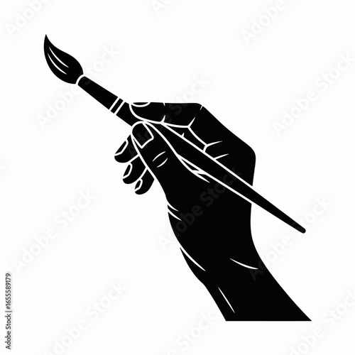 A black and white silhouette vector of a hand holding a paintbrush