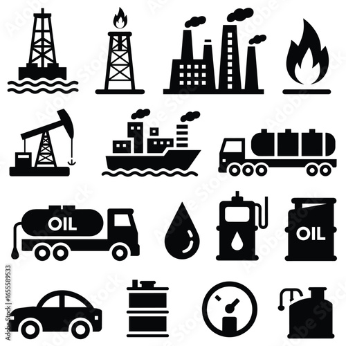 Collection of black and white industrial and oil industry icons oil rig oil derrick