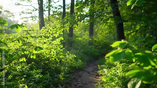 Sunlit forest path, green leaves framing view into the bright distance
