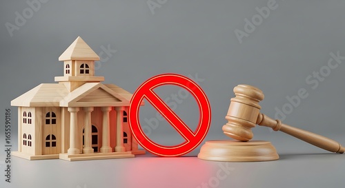 Wooden courthouse model with gavel and prohibition sign