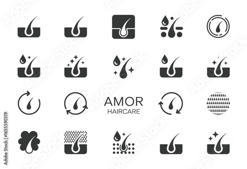 Collection of dark gray icons representing hair care and growth on a white background follicle treatment