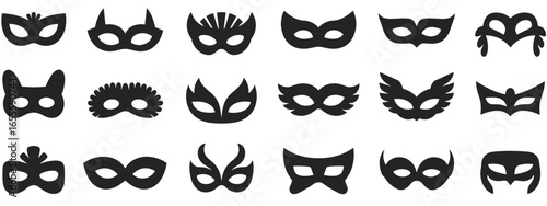 Collection of twenty black silhouette masquerade masks on a white background carnival party