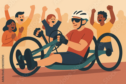 Flat animated handcycle athlete with cheering crowd vector illustration
