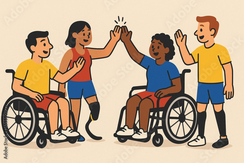 Flat cartoon para-athletes exchanging high-fives vector illustration