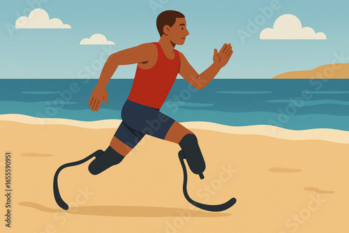 Flat animated para-athlete running on beach with prosthetic legs vector illustration