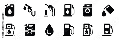Set of 12 black gasoline and fuel icons on a white background gas station petrol