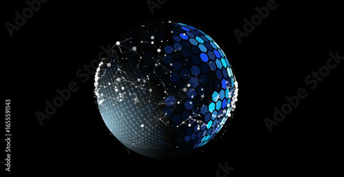 Glass transparent protection sphere shield. Sphere shield with hexagon pattern on blue background. Bubble shield in the form of a force energy field. Protection and safety concept.