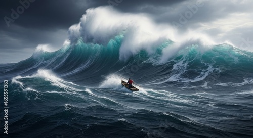 Man rowing boat in front of giant wave