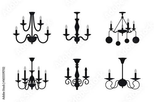 Six black silhouette chandeliers with light bulbs on a white background lighting