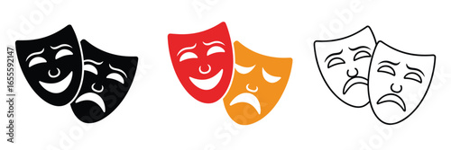 Three pairs of theatrical masks comedy and tragedy on a white background theater drama