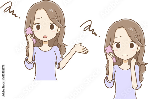 Long-haired woman talking on mobile phone with troubled face (upper body)