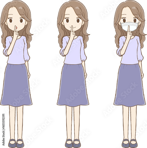 Long-haired woman making shh gesture (3 full body poses)