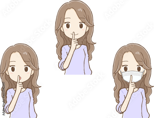 Long-haired woman making shh gesture (3 upper body poses)