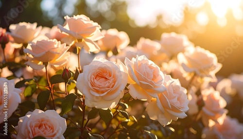 Soft peach roses bathed in golden sunlight
