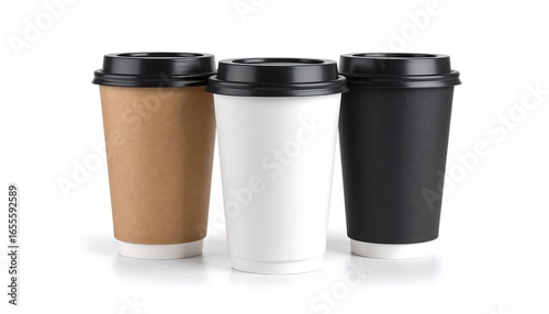 Wallpaper Mural Three disposable coffee cups, brown, white, and black, with black lids, on a white background Torontodigital.ca
