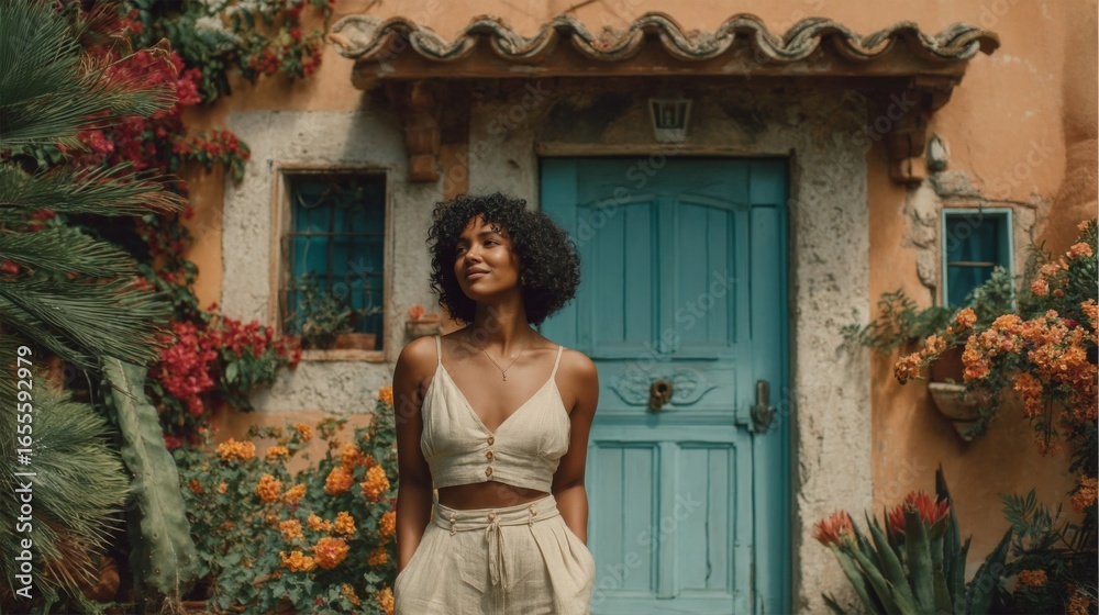 Fototapeta premium Smiling Woman in Cream Outfit Near Colorful Flowers and Blue Door
