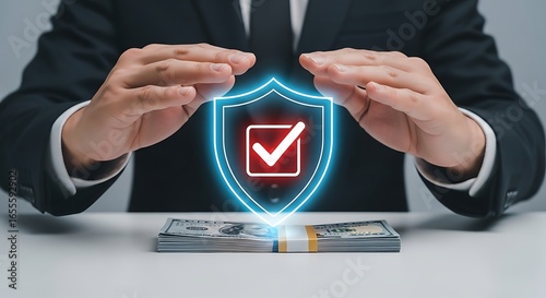 Businessman protecting money with a glowing shield symbolizing security and finance