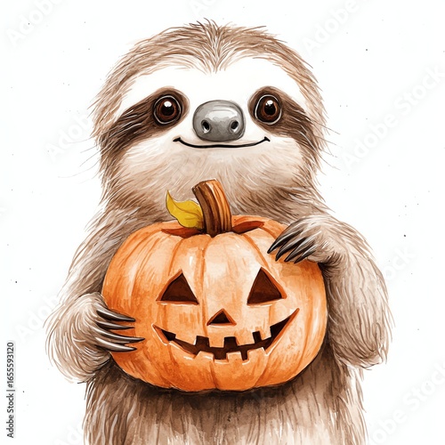 Sloth watercolor cartoon holding jack o lantern for halloween concept on white background