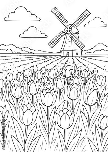 Flowers Coloring Book, Tulips in a field with a windmill in the background.