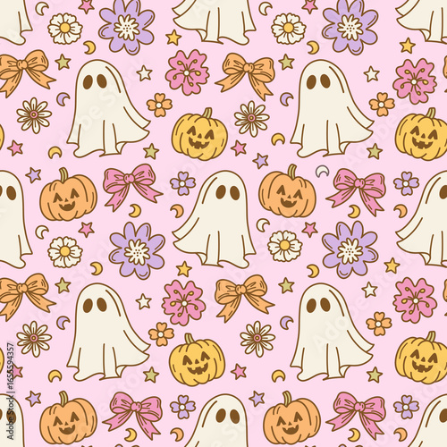 Pink Halloween Pumpkin Ghost Bow Seamless Pattren, Pink Halloween Pumpkin Boo Digital Paper, Halloween Background, Halloween Wallpaper