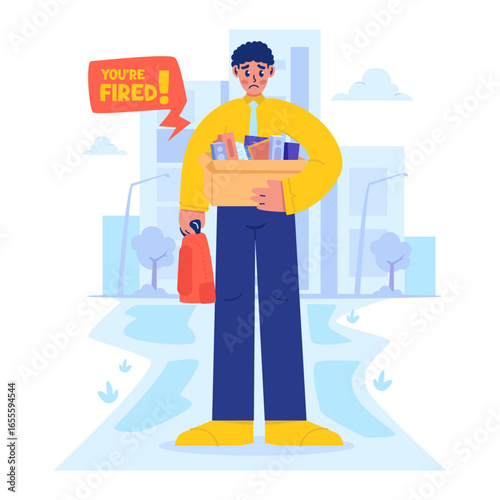 Fired employee with worried expression walking out of an office building vector illustration
