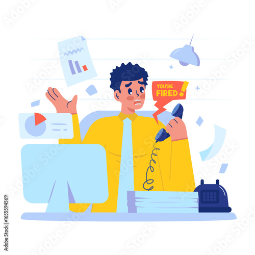 Shocked expression of employee getting fired via phone call vector illustration
