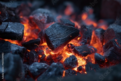 Glowing embers and charcoal with chunks of charred wood nestled among hot glowing fragments emitting heat and light