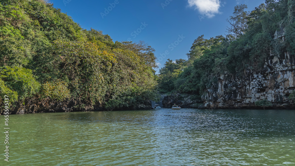 Naklejka premium A calm and beautiful tropical river. There is green vegetation on the steep banks. Tourist boats and a waterfall in the distance. Blue sky, clouds. Mauritius. Grand River South East waterfall