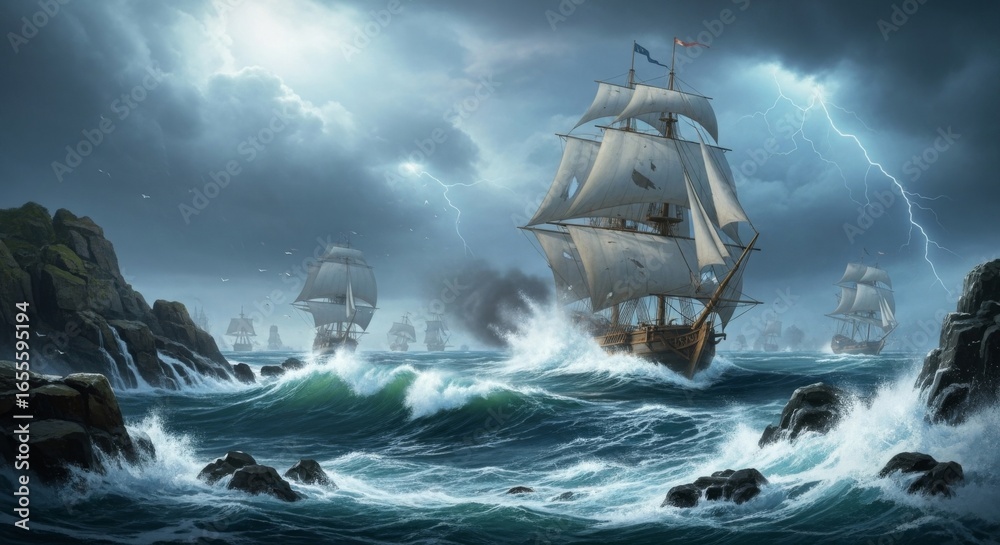 Obraz premium Tall ships sailing through a stormy sea with lightning