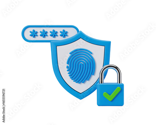 3d illustration of a shield with a fingerprint and a padlock with a checkmark, isolated on transparent background