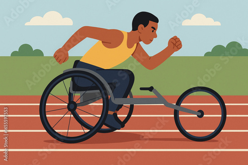 Flat animated wheelchair sprinter training on track vector illustration